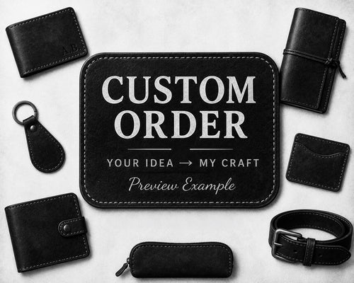 A promotional flat lay showing a customizable leather goods mockup set on a light textured background. In the center is a black leather patch with white text reading 'CUSTOM ORDER' and 'Preview Example'.