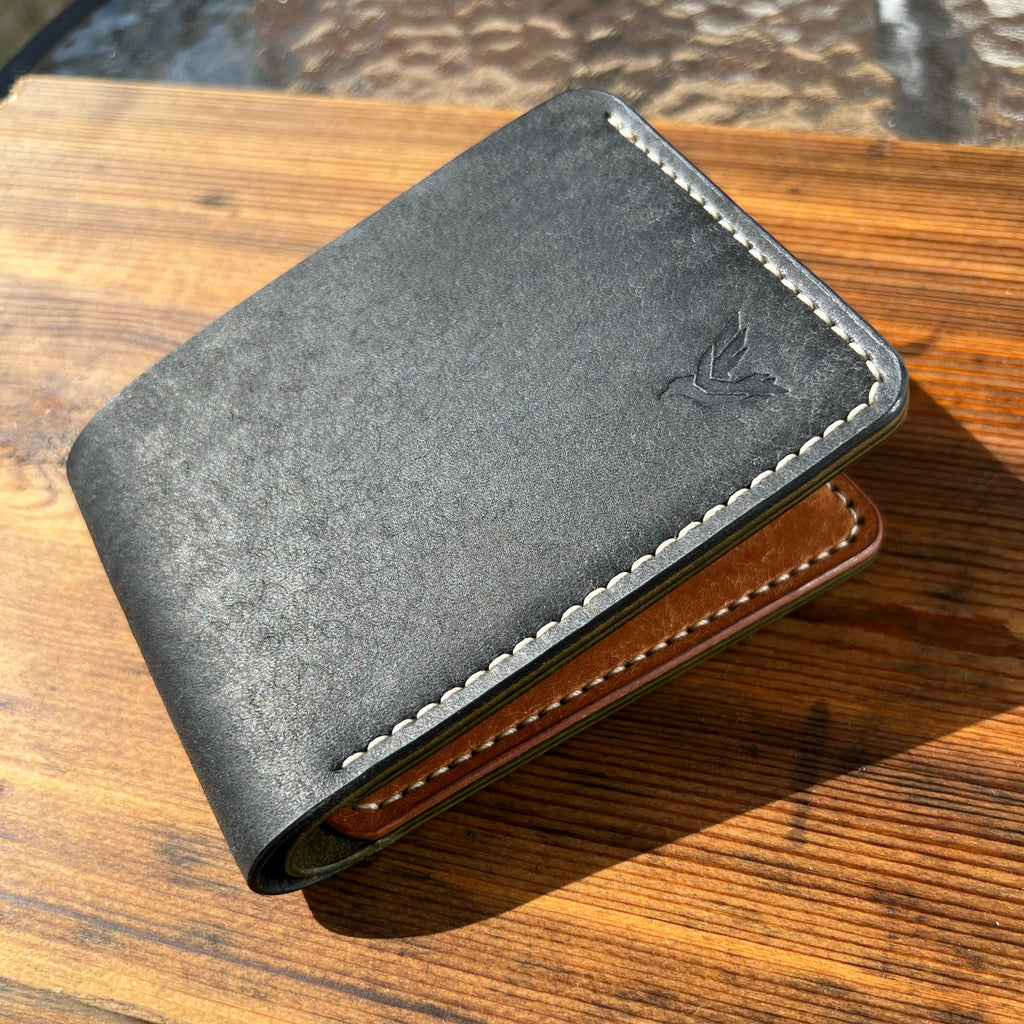 Two-tone leather wallet on a wooden surface