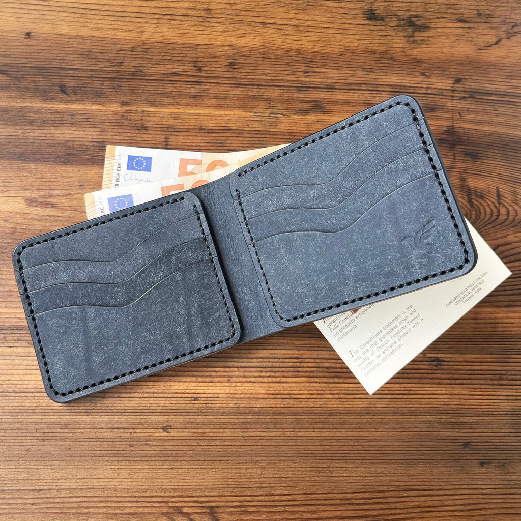 Gray leather wallet with money and papers on a wooden surface