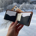 Hand holding a black leather wallet with cards against a snowy background