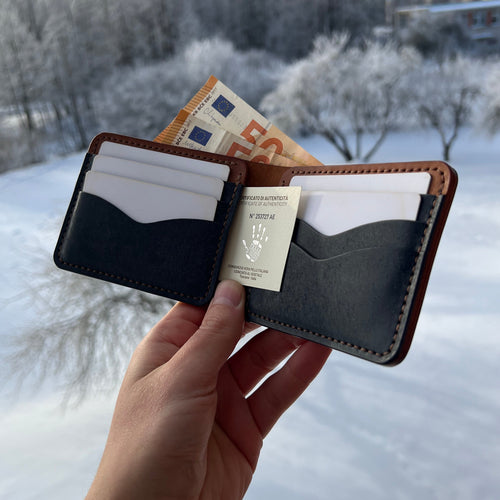 Hand holding a black leather wallet with cards against a snowy background