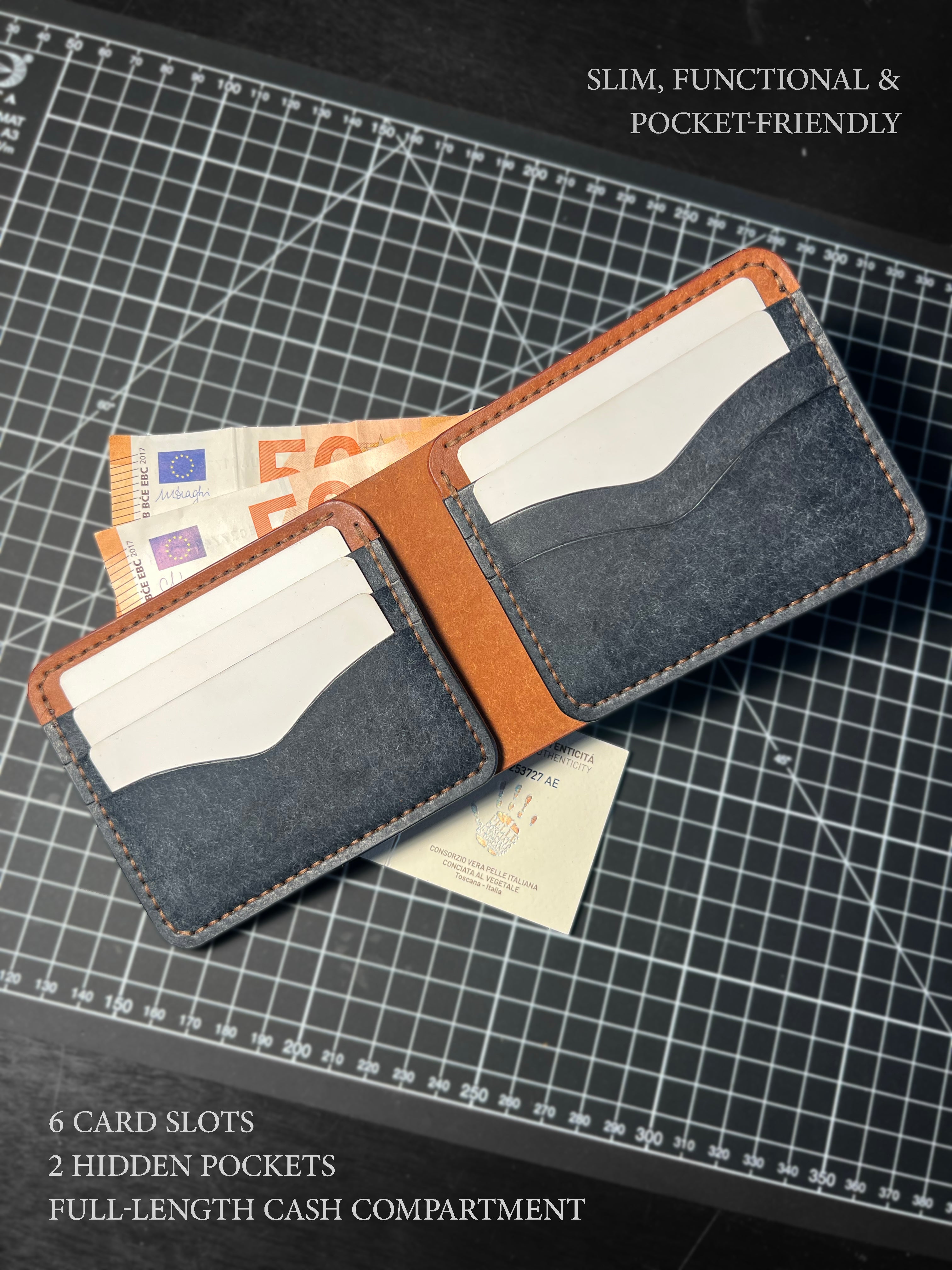 Blue and brown leather wallet with card slots and cash compartment on a grid background