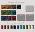 A color and material selection chart for a wallet, showing labeled swatches of wallet fabric in orange, cognac, dark brown, black, olive, green, turquoise blue, navy blue, purple, and wine red, plus folded wallet diagrams with inside/outside views and thread color options.