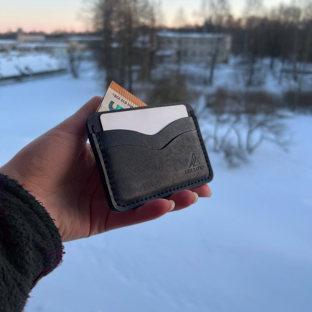 Hand holding a black wallet with cards against a snowy landscape